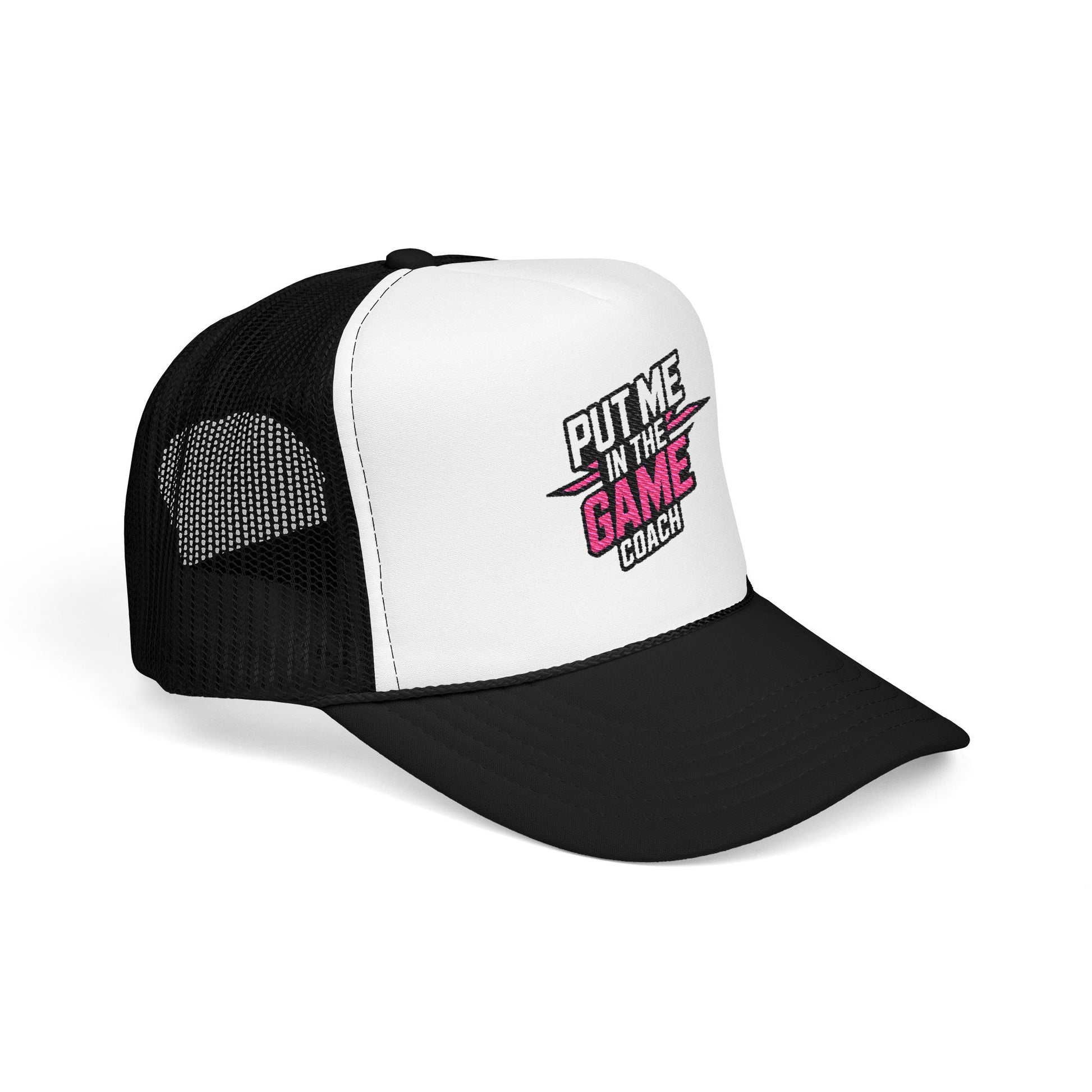 Put Me in the Game Coach Pink Trucker Hat Printify
