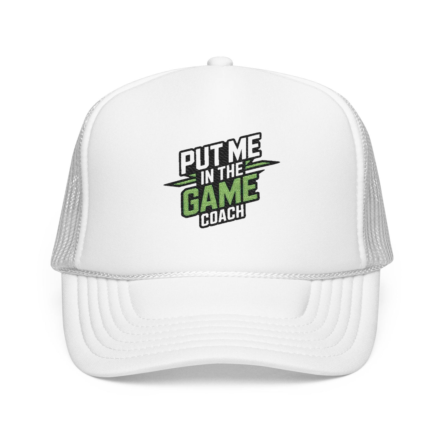 Put Me in the Game Coach Green Trucker Hat Printify