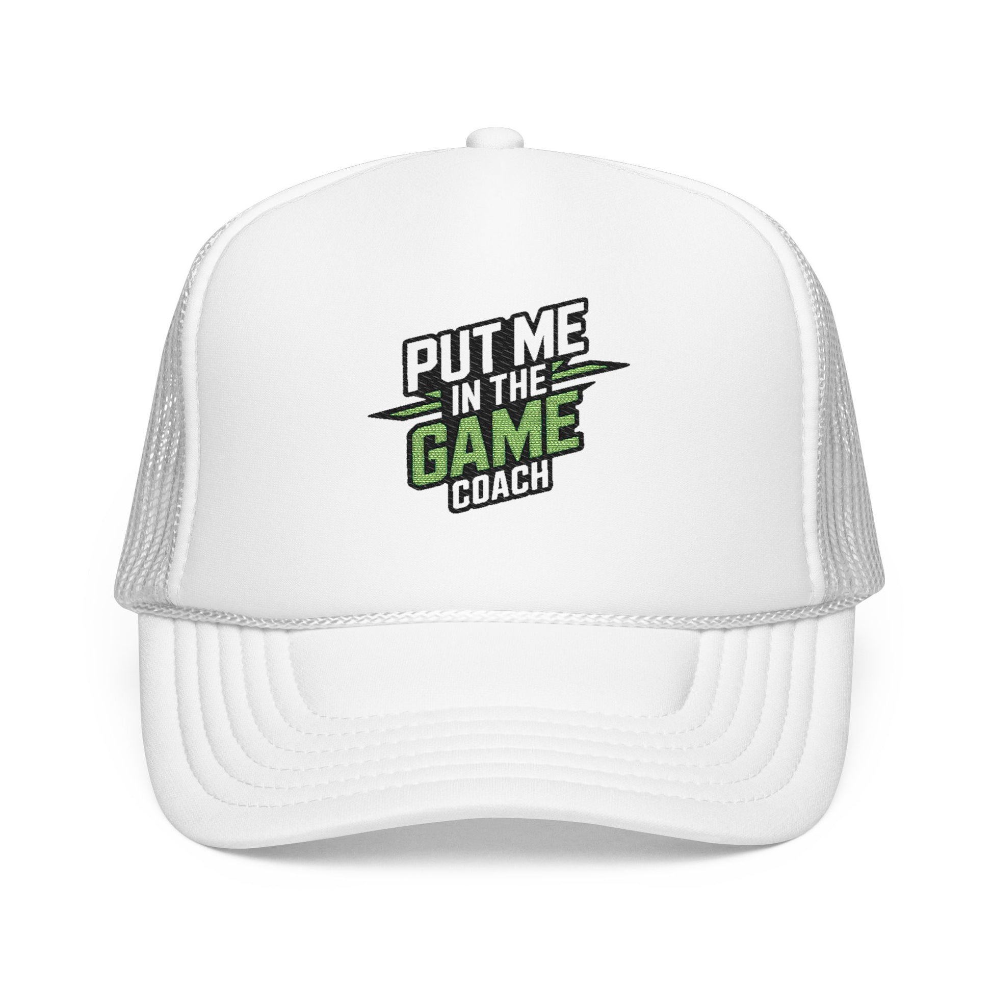 Put Me in the Game Coach Green Trucker Hat Printify