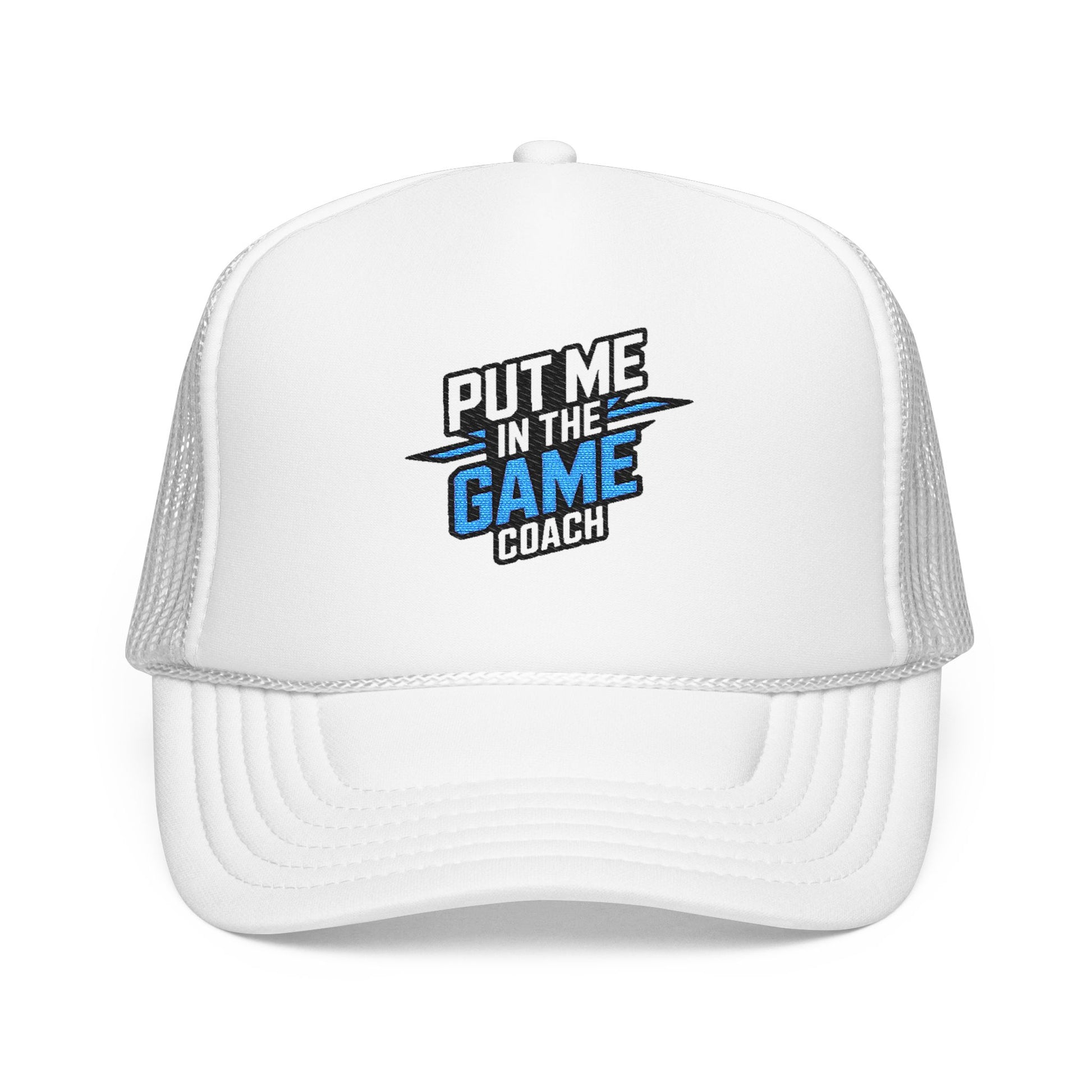 Put Me in the Game Coach Blue Trucker Hat Printify