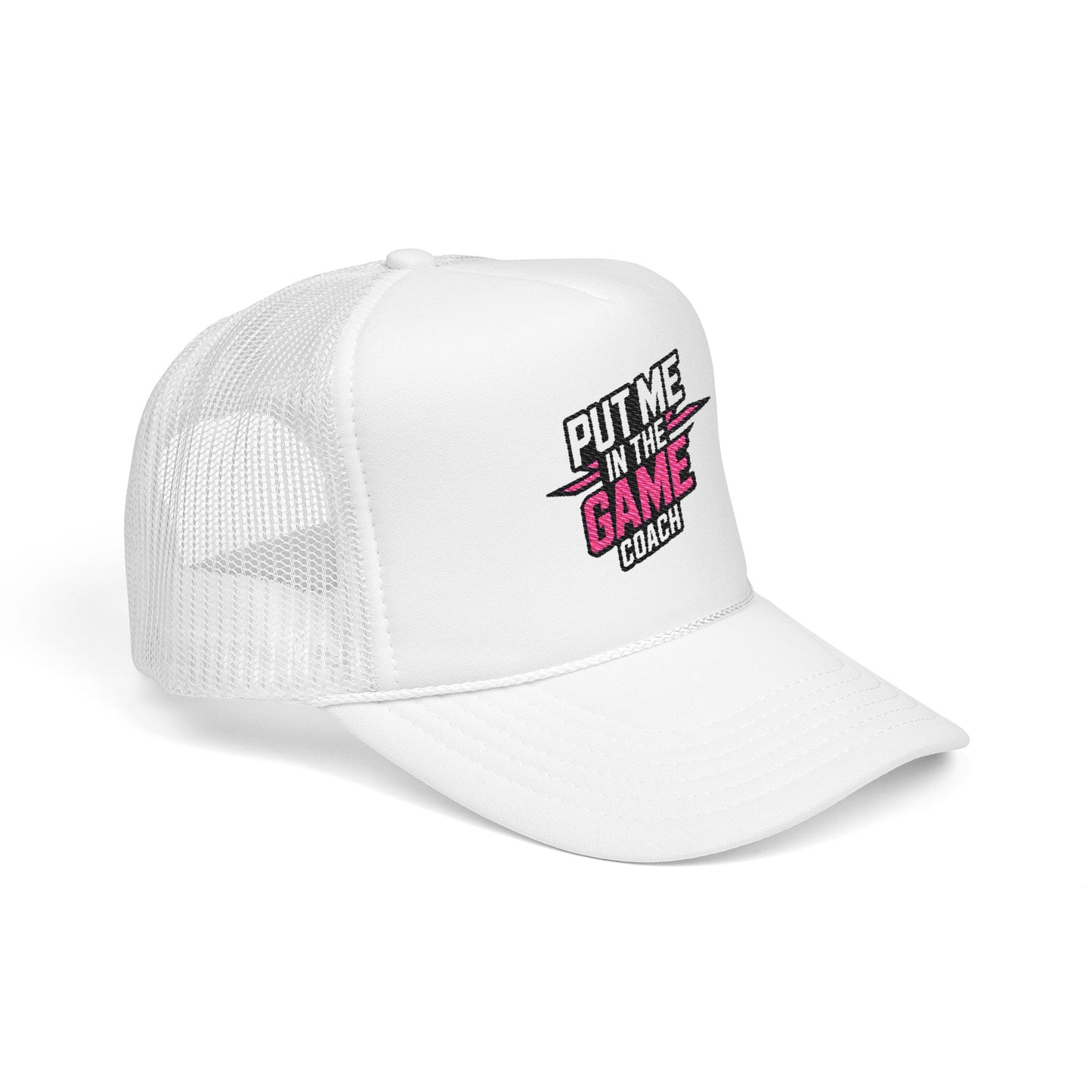 Put Me in the Game Coach Pink Trucker Hat Printify