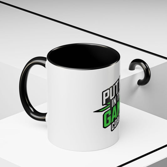 Put Me In The Game Coach Coffee Mug — Motivational Green Accent Mug (11/15oz) Printify