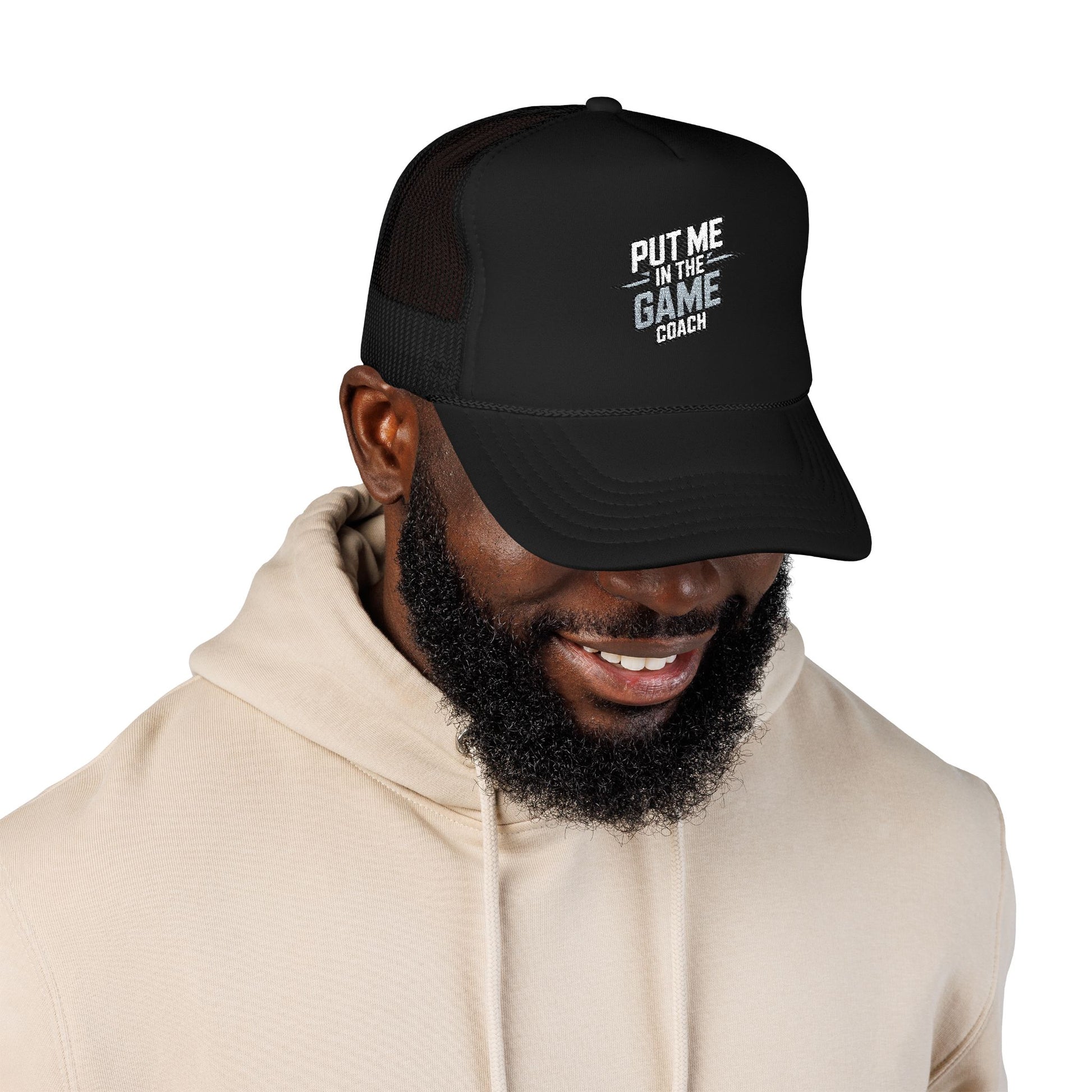 Put Me in the Game Coach Ash Trucker Hat Printify