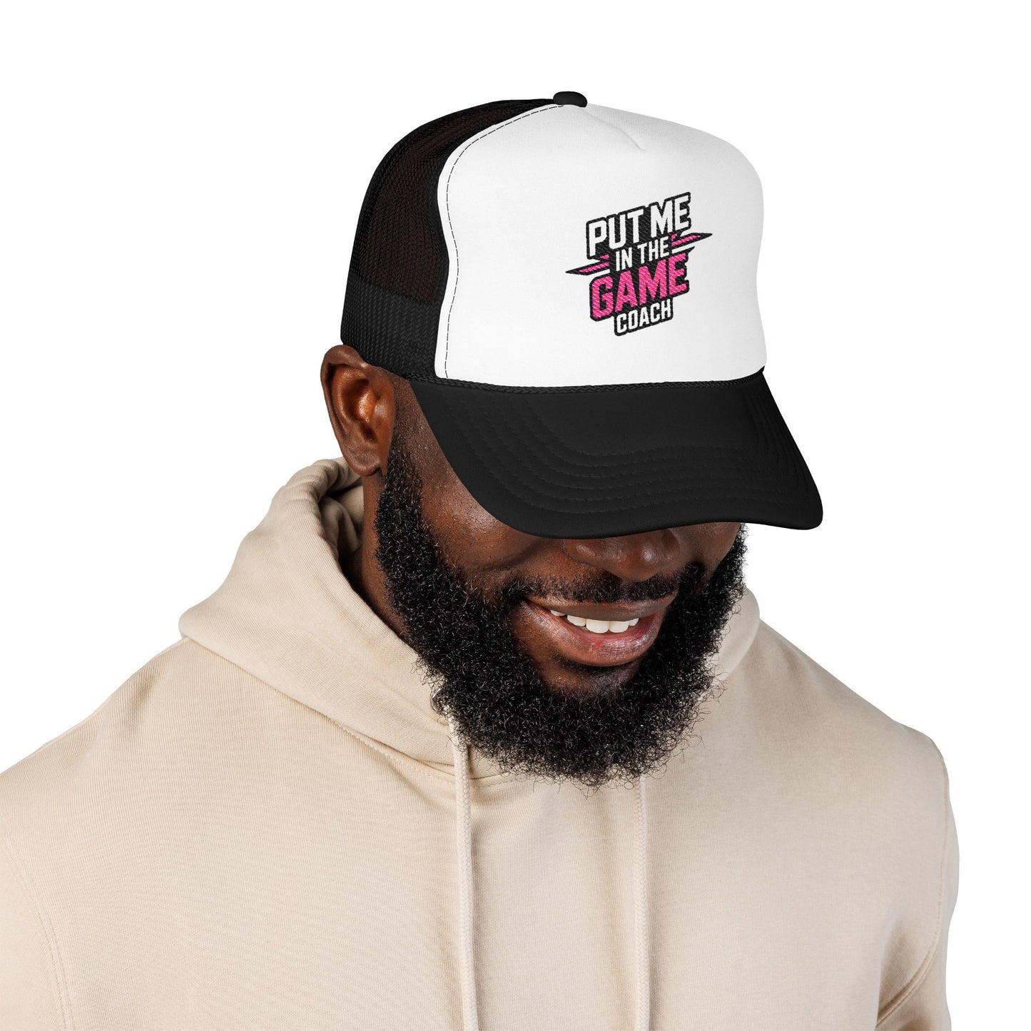 Put Me in the Game Coach Pink Trucker Hat Printify