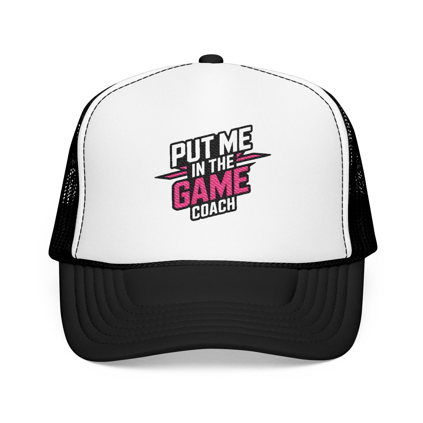 Put Me in the Game Coach Pink Trucker Hat Printify