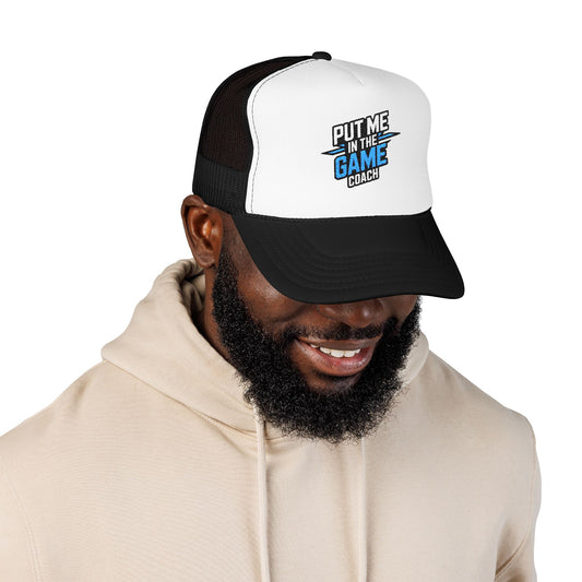 Put Me in the Game Coach Blue Trucker Hat Printify