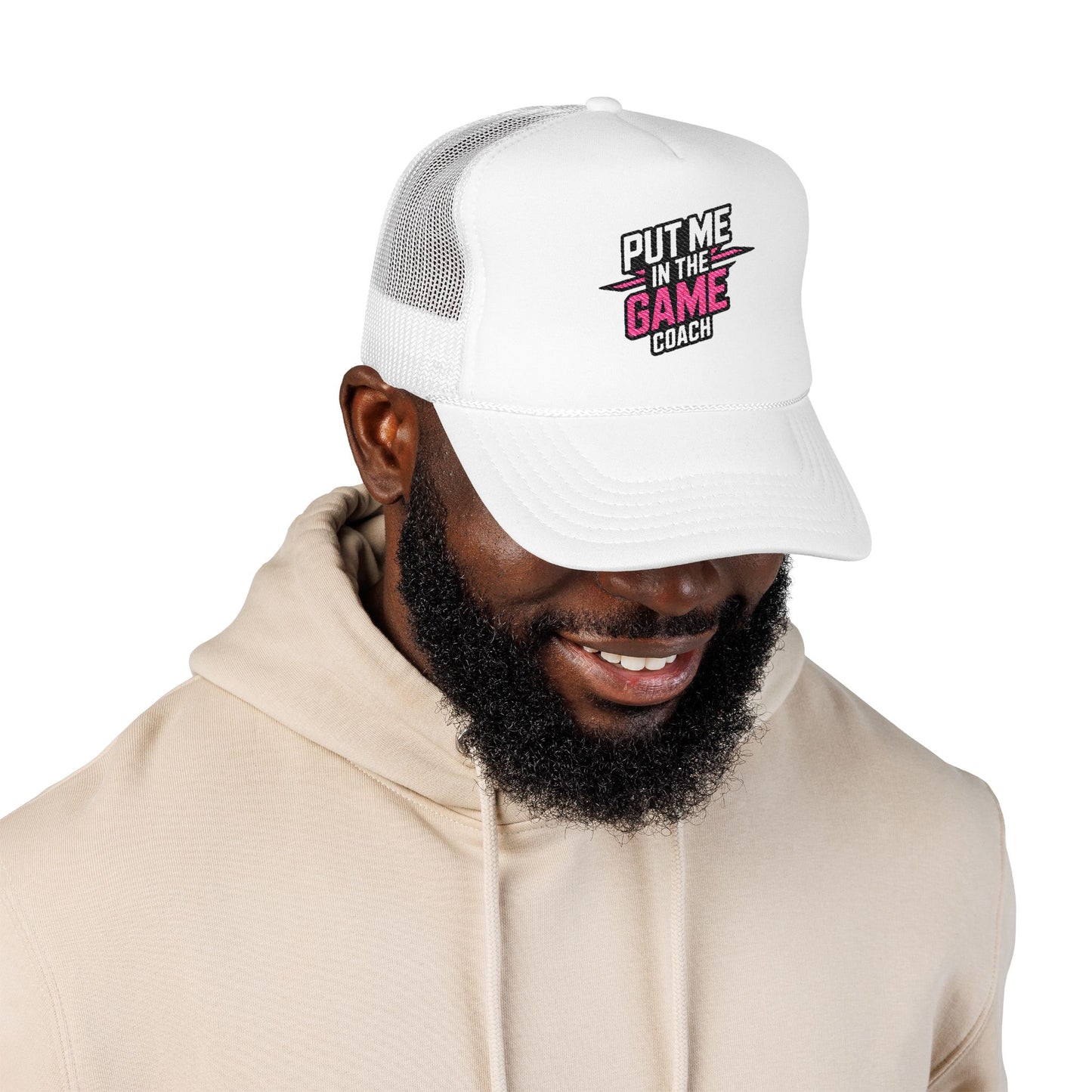Put Me in the Game Coach Pink Trucker Hat Printify