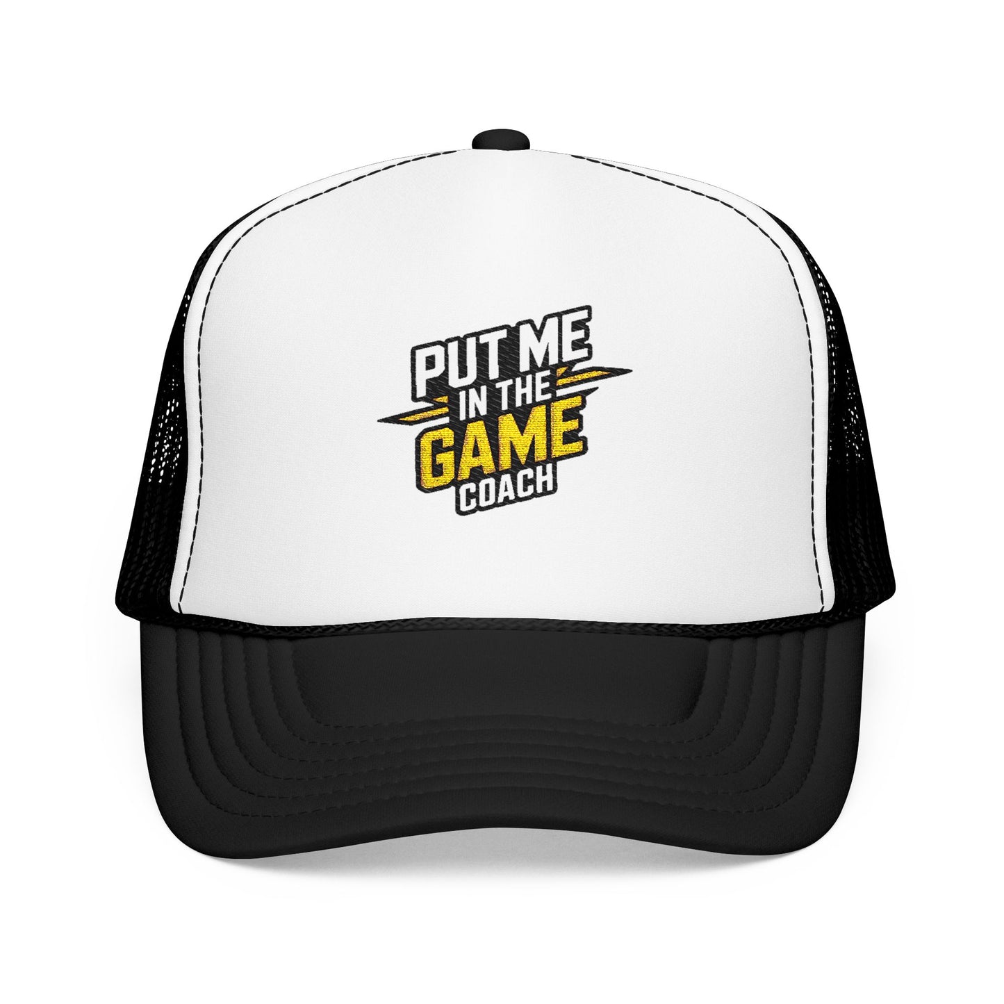 Put Me in the Game Coach Yellow Trucker Hat Printify