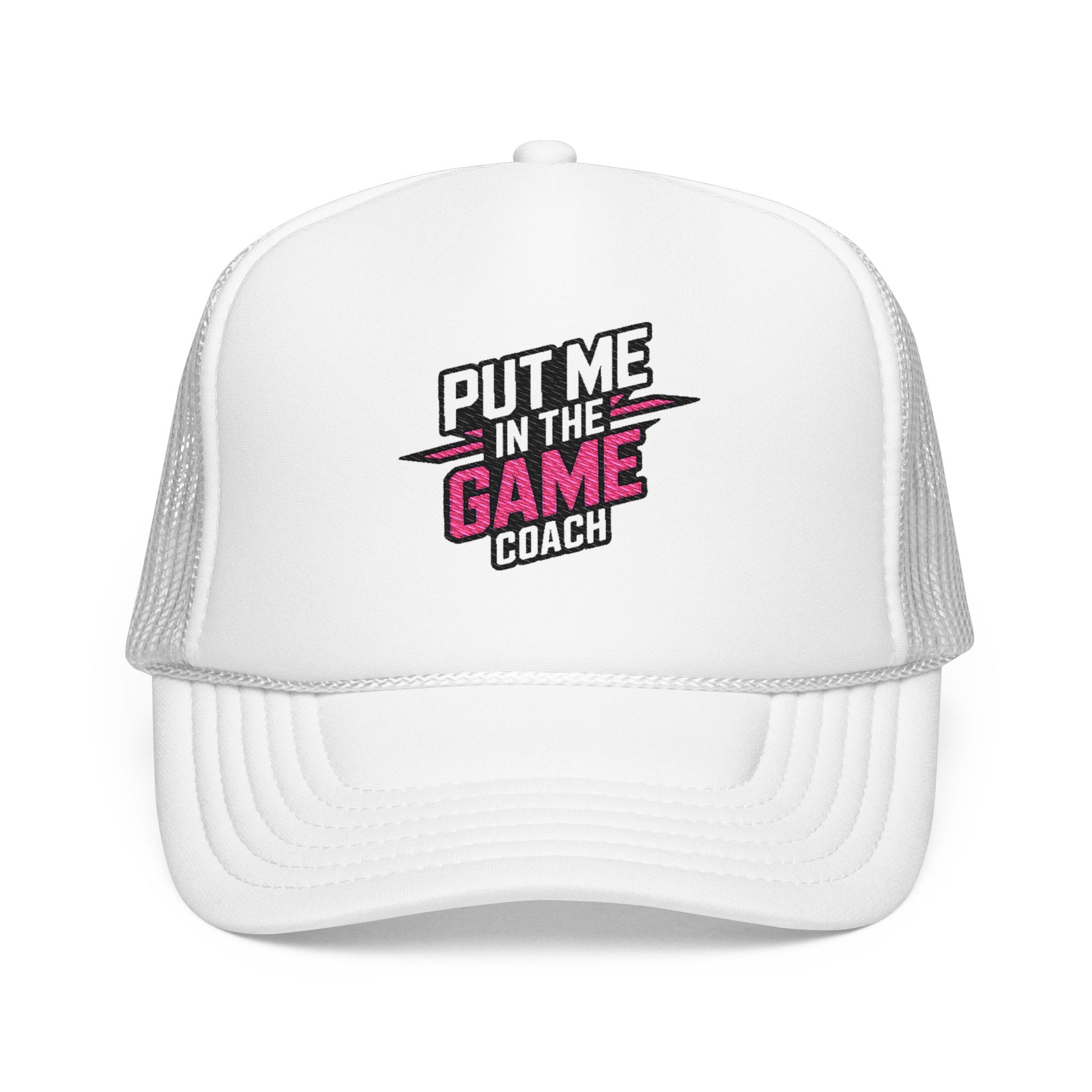 Put Me in the Game Coach Pink Trucker Hat Printify