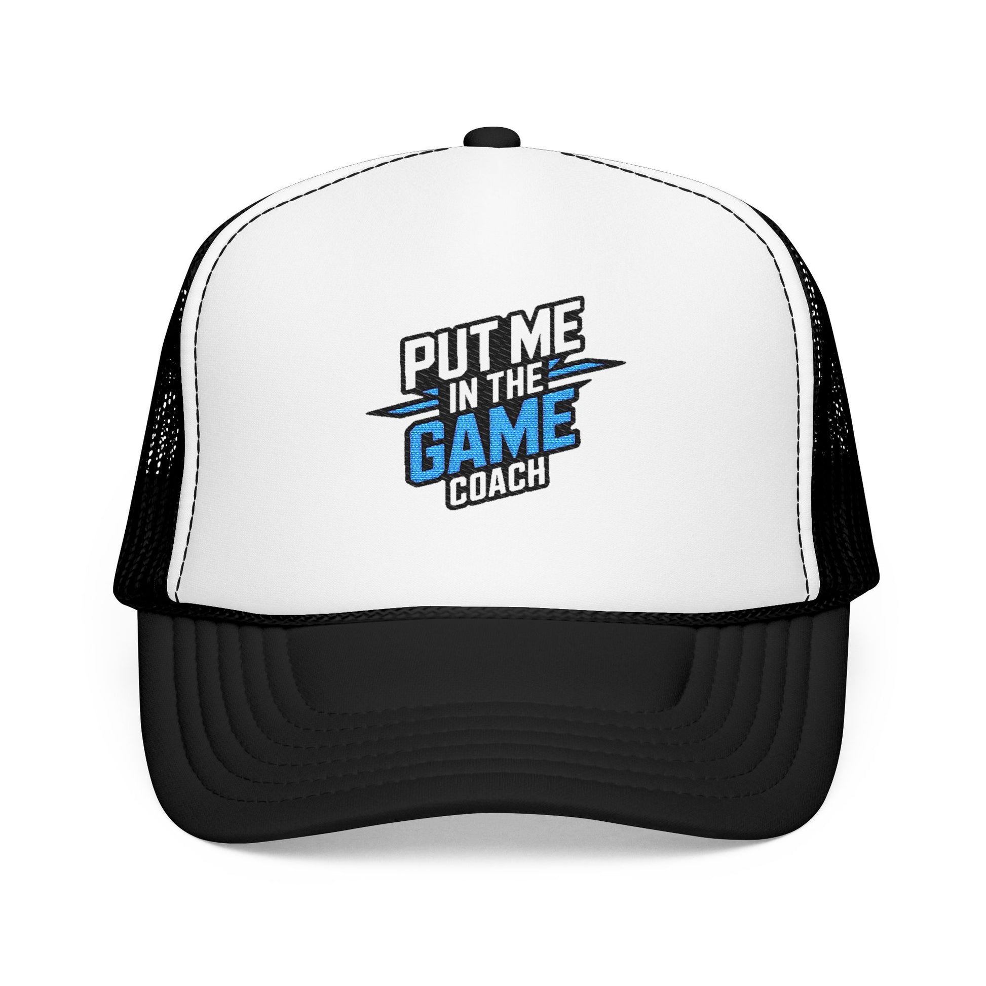 Put Me in the Game Coach Blue Trucker Hat Printify