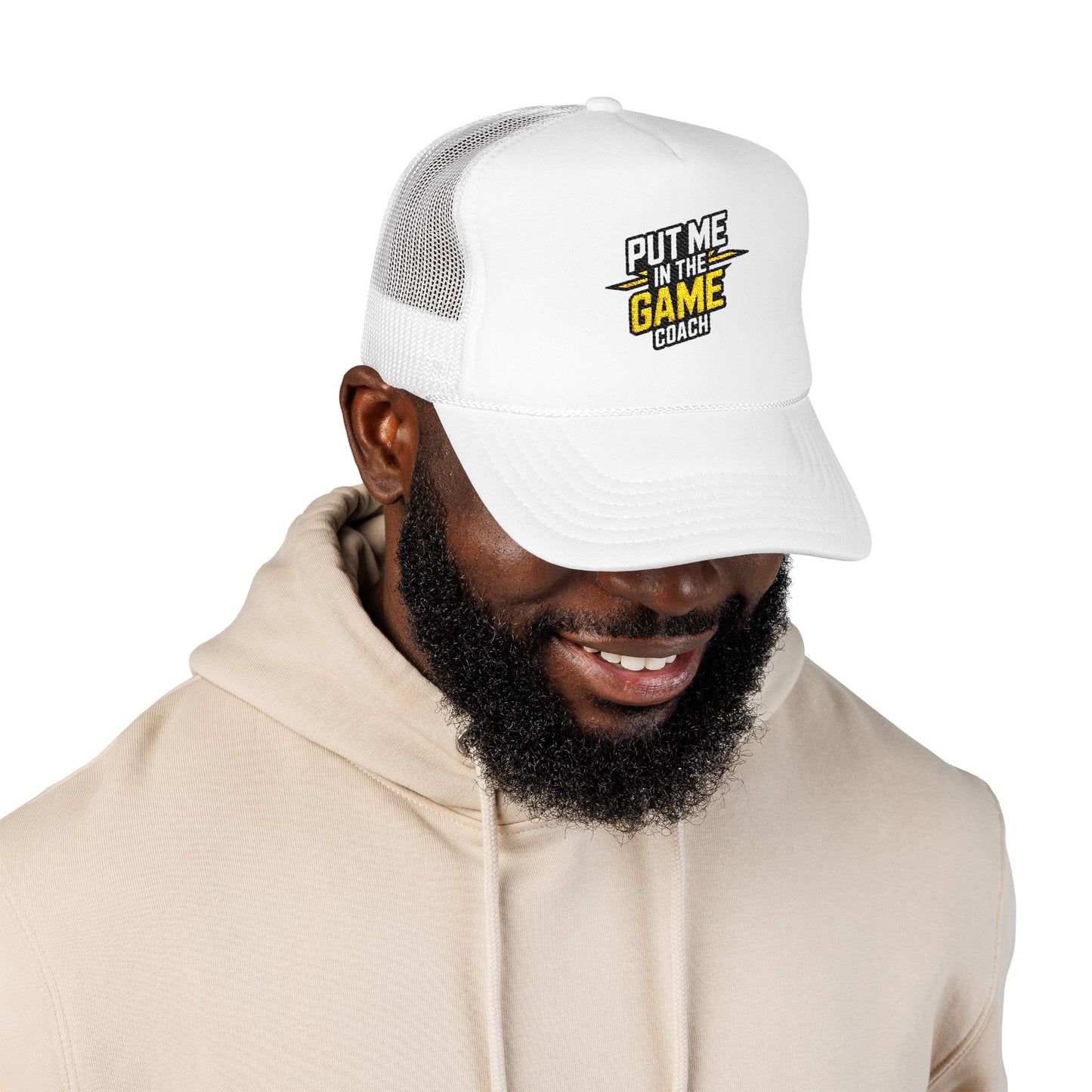 Put Me in the Game Coach Yellow Trucker Hat Printify