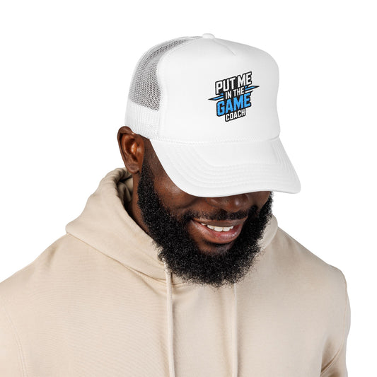 Put Me in the Game Coach Blue Trucker Hat Printify