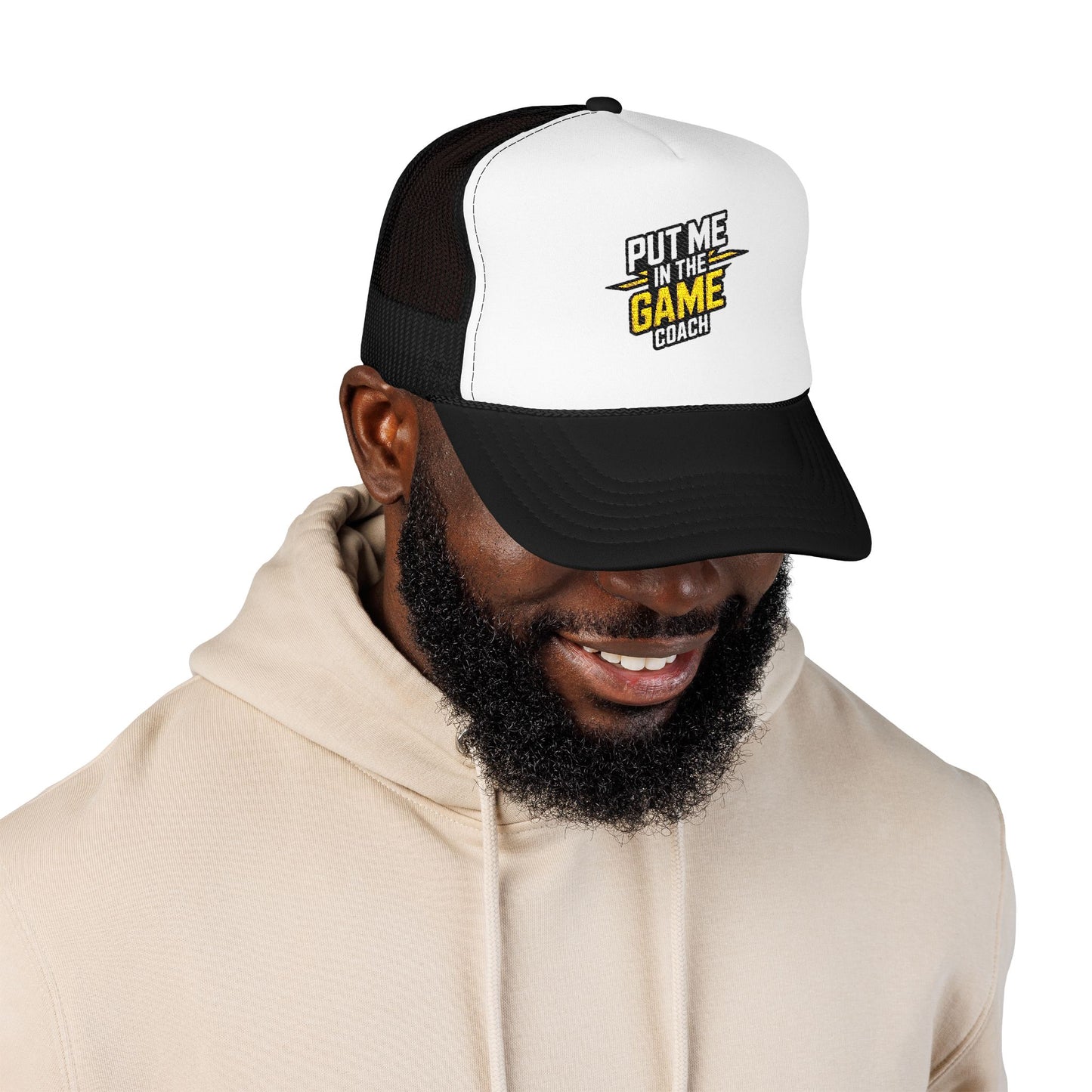 Put Me in the Game Coach Yellow Trucker Hat Printify