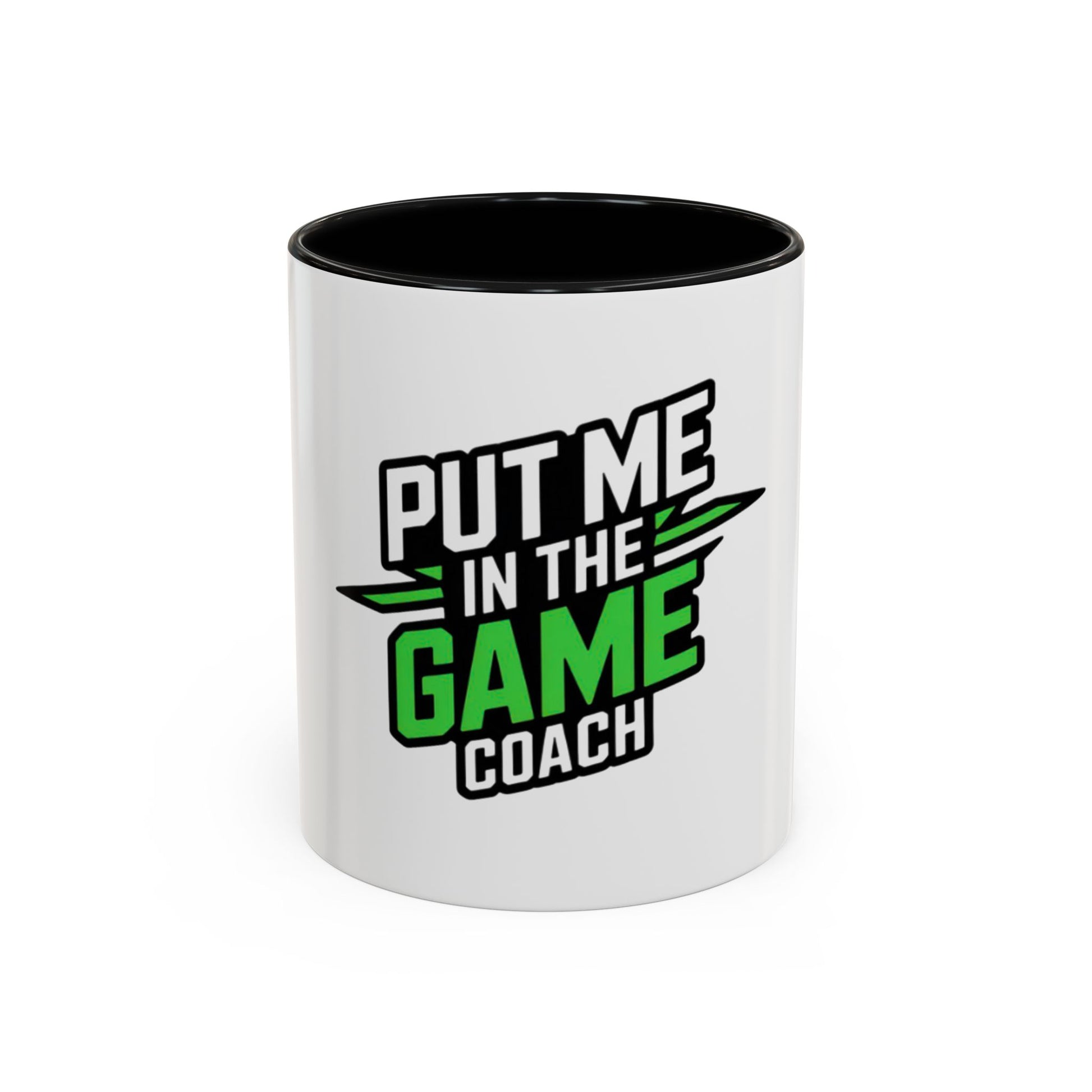 Put Me In The Game Coach Coffee Mug — Motivational Green Accent Mug (11/15oz) Printify
